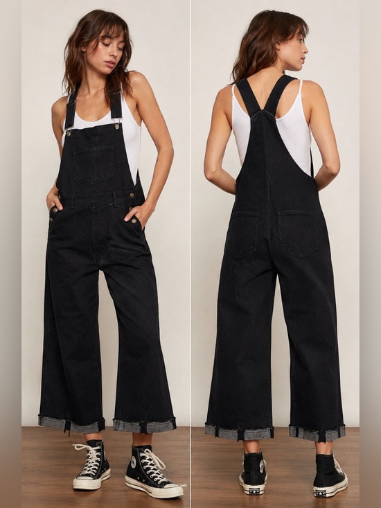 Denim - XS Dark Wash Cropped Wide Leg Denim Overalls Raw Hem Stretch Jumpsuit
